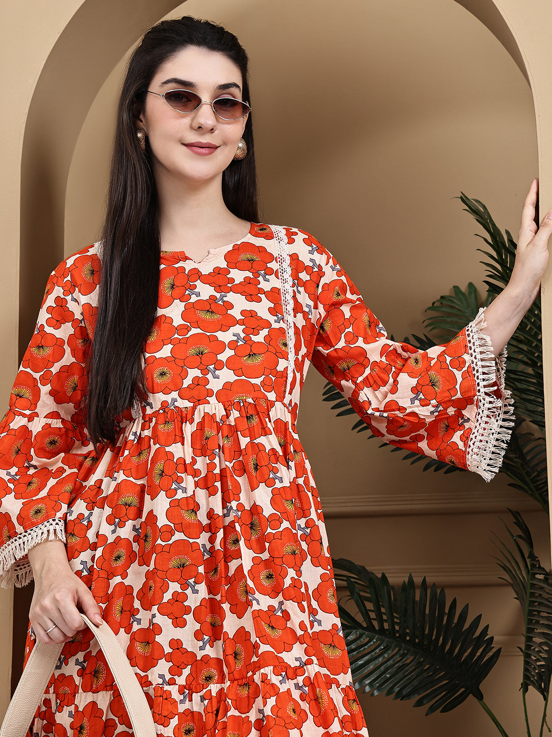 Aawari Orange Flower Cotton Printed Short Dress - Midi Dress