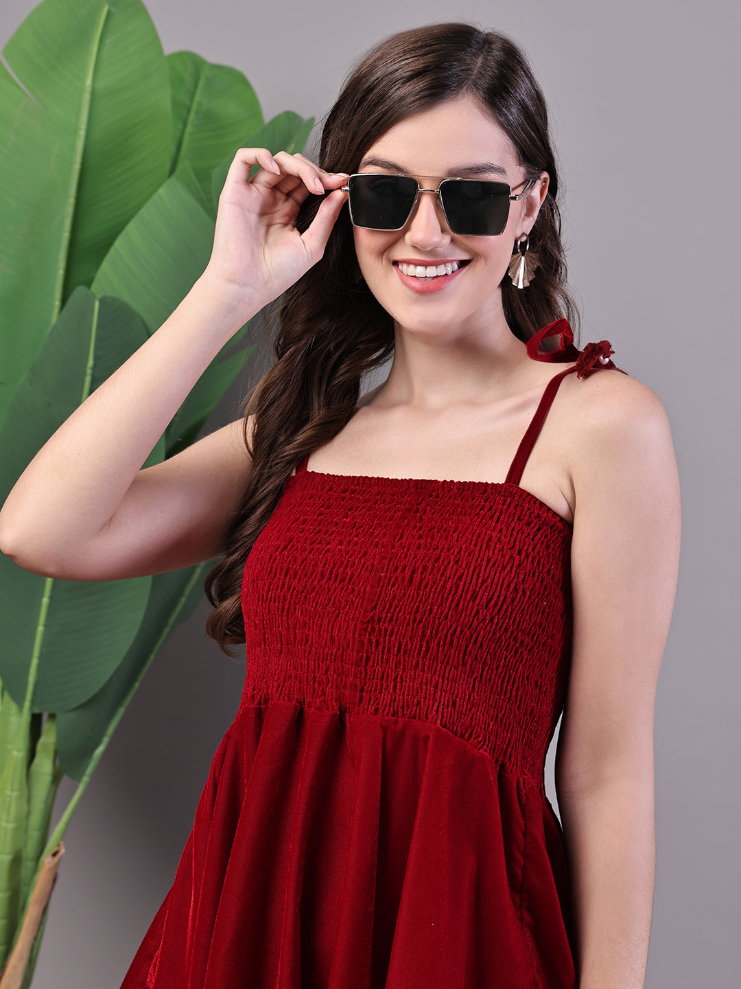 Aawari Junglee Velvet Maroon Handkerchief Hem Dress - Midi Dresses / Western Wear
