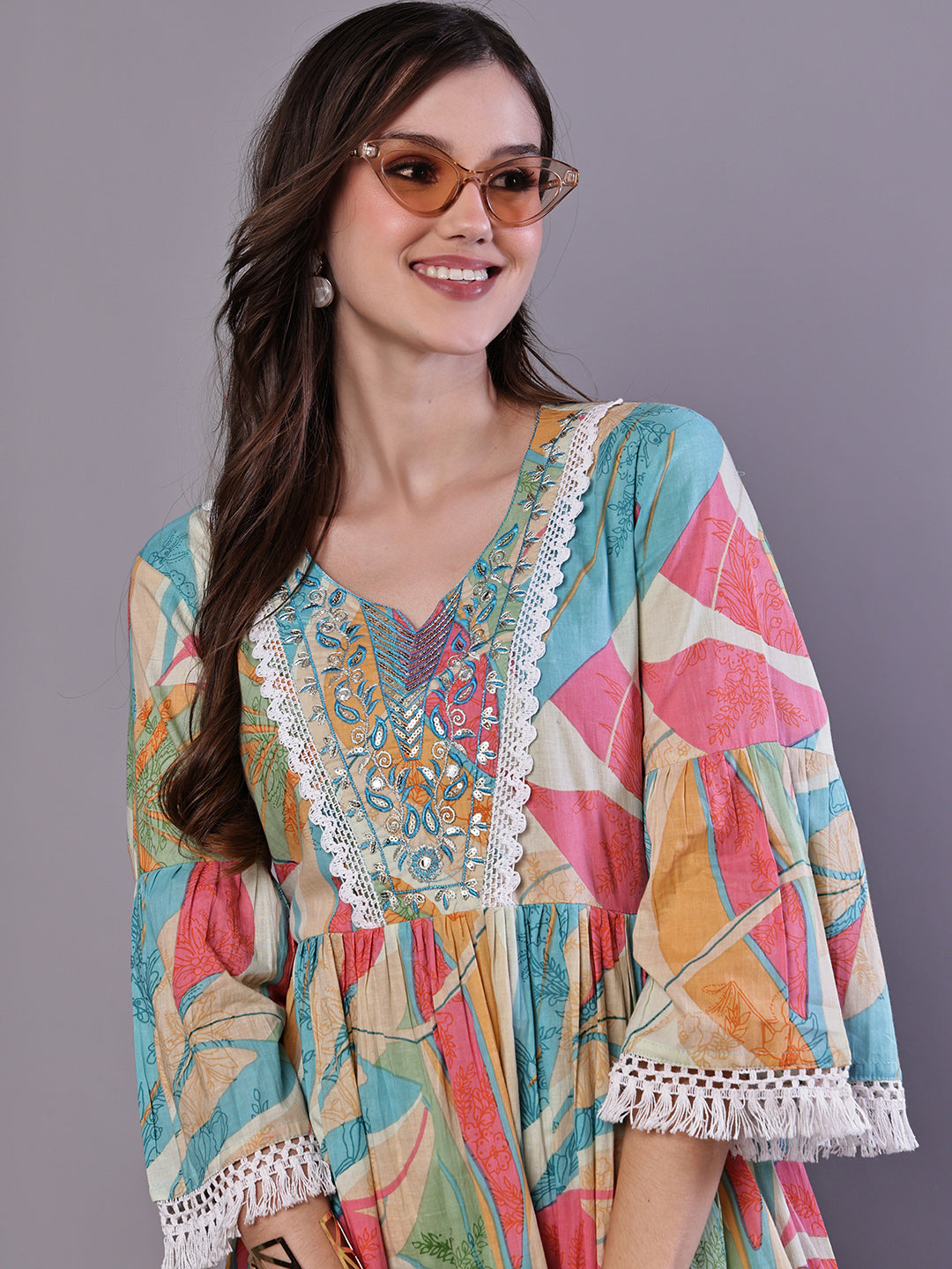 Aawari Multicolor Printed Cotton A-Line Dress with Embroidered Yoke - Midi Dresses / Western Wear