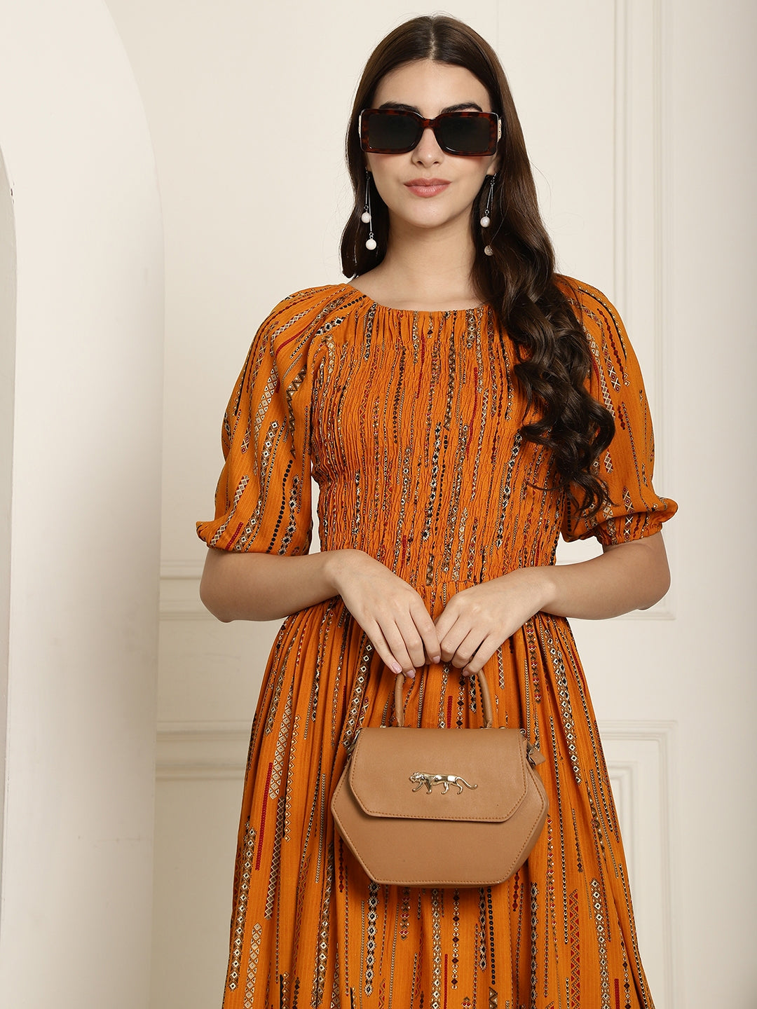 Aawari Mustard Printed A-Line Midi Dress With Extended Sleeves