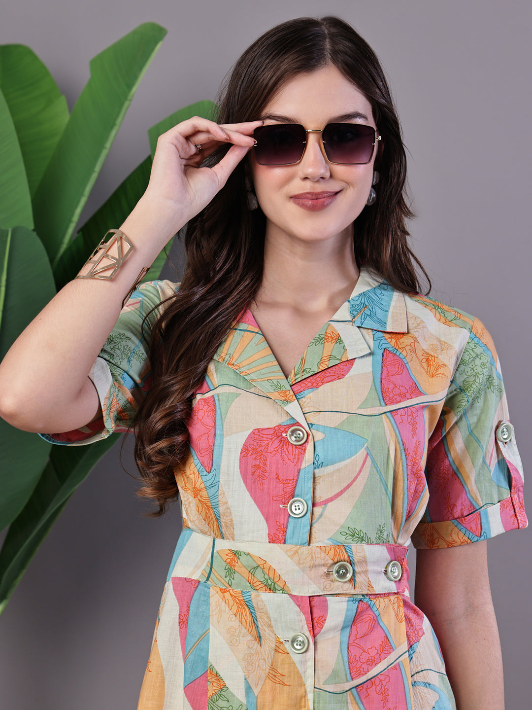 Aawari Pastel Abstract Print Button-Down Cotton Midi Dress - Midi Dresses / Western Wear / Dresses