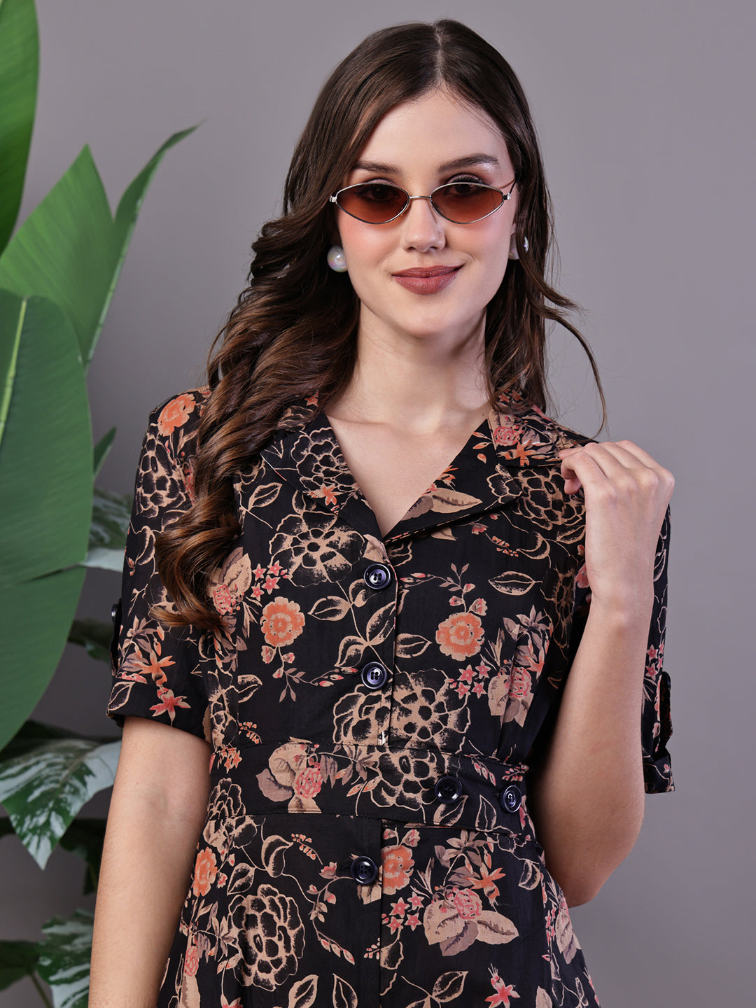 Aawari Chic Black & Rust Floral Print Button-Front Midi Dress - Midi Dresses / Western Wear / Dresses