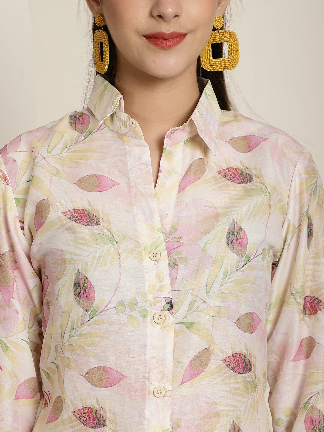 Aawari Women Muslin Cream Petal Printed Shirt Collar Tunic With Trouser