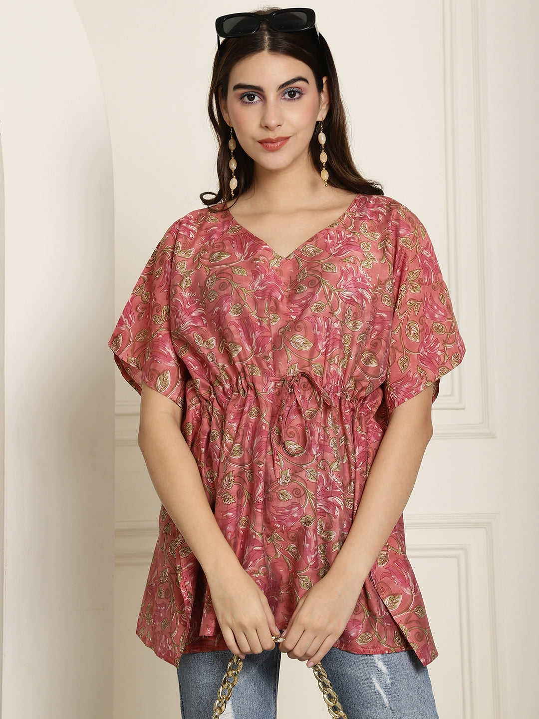 Aawari Rose Pink Floral Printed Chanderi Short Kaftaan Top