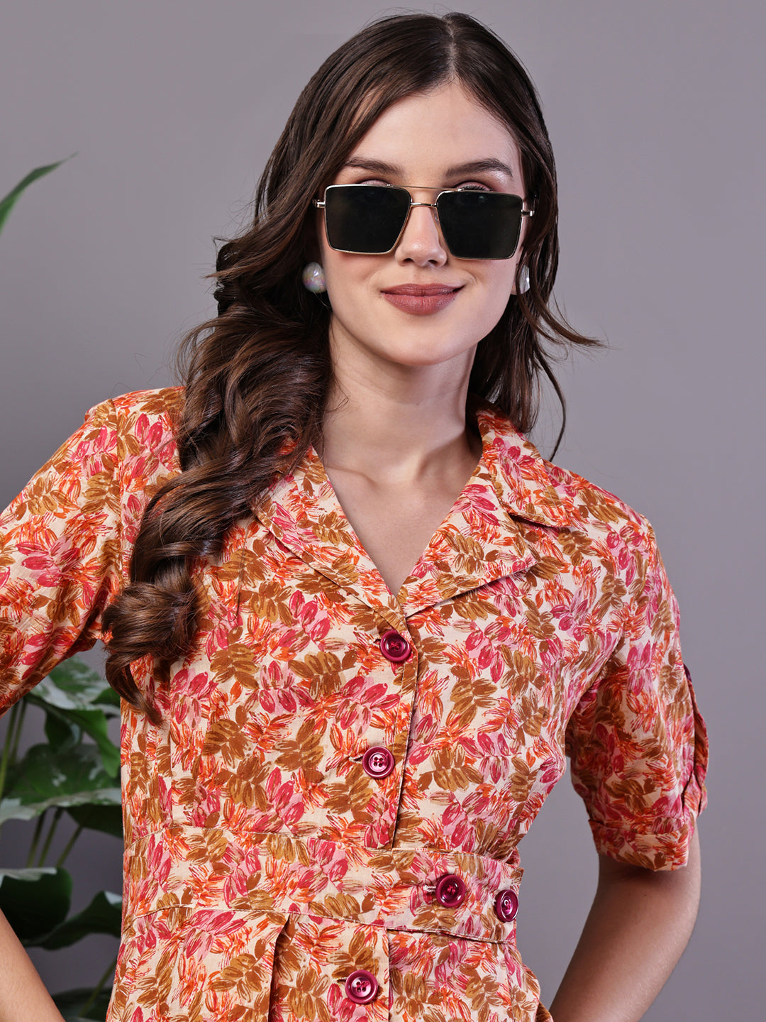 Aawari Floral Printed Cotton Button-Down Midi Dress for Women - Midi Dresses / Western Wear / Dresses