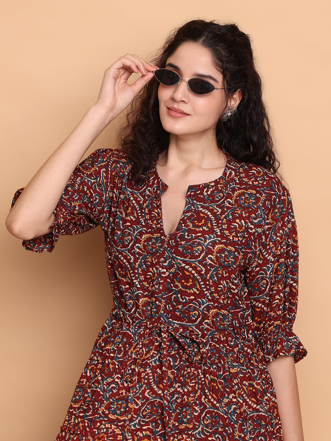 Aawari Women’s Rayon Maroon Paisley Printed Maxi Dresses with 3/4 Ruffle Sleeves