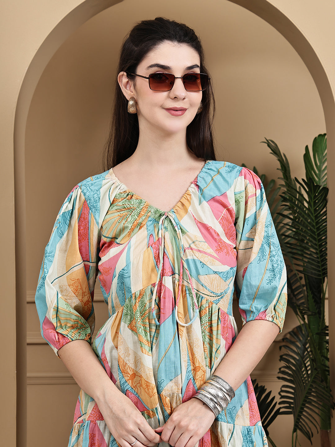 Aawari Multicolor Cotton Printed Knot Dresses With Puff Sleeves