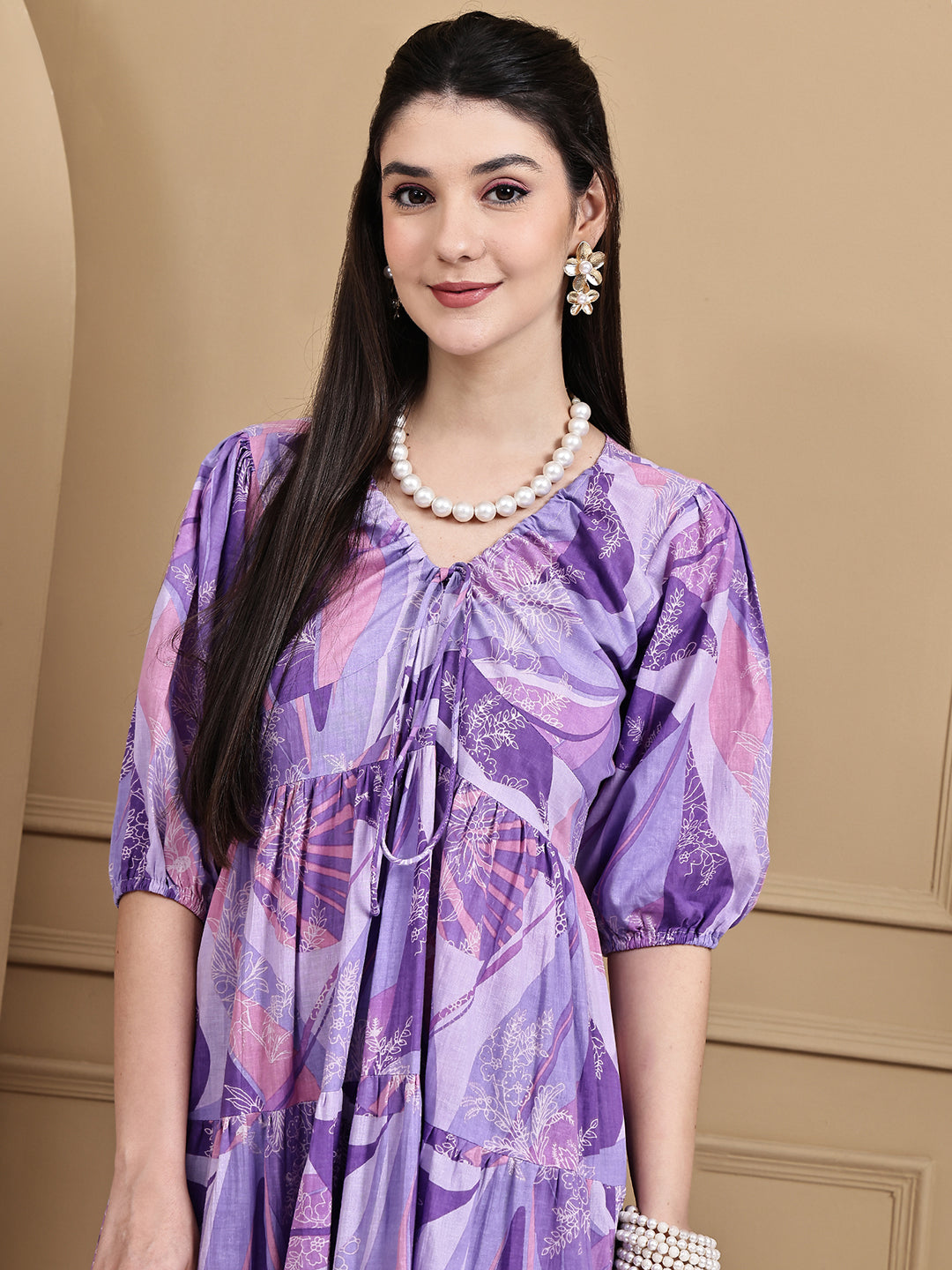 Aawari Cotton Purple Printed Knot Dresses With Puff Sleeves