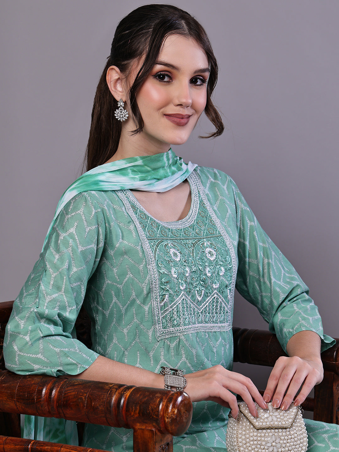 Aawari Mint Green Chanderi Embroidered Kurta Set with Dupatta - Suit Sets