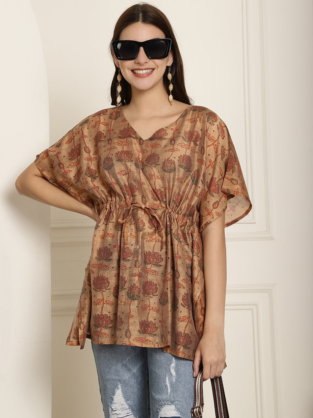 Chanderi Brown Flower Printed Kaftan Top With Bell Sleeve 