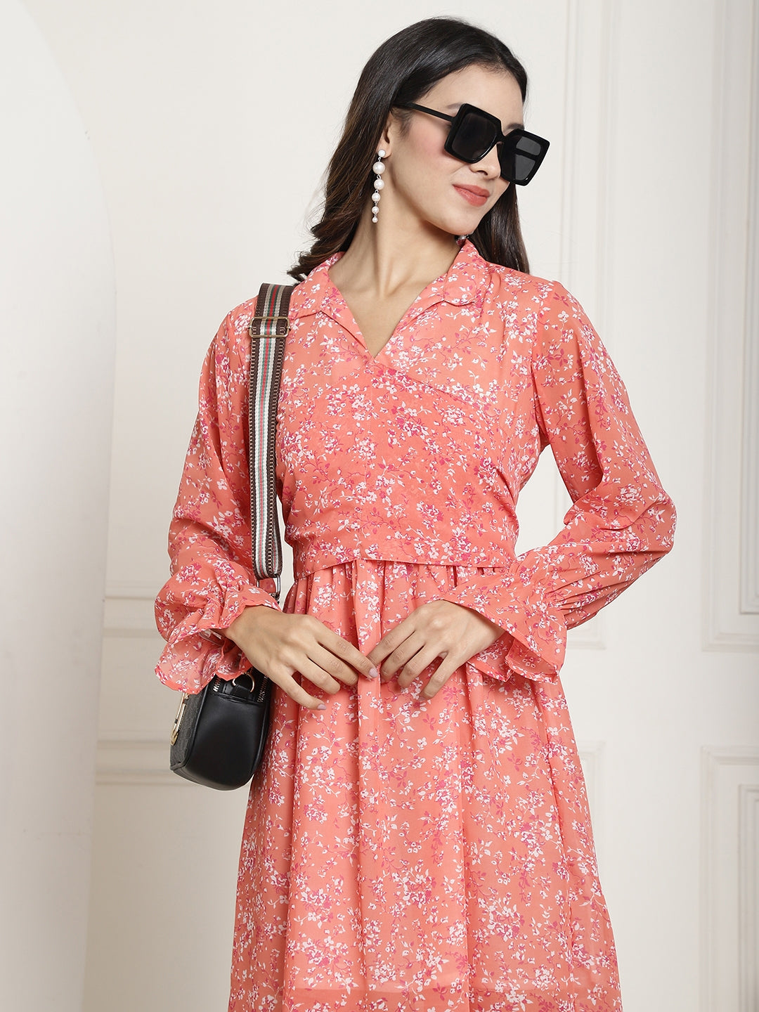 Aawari Women Prime Pink Chiffon Printed Dress
