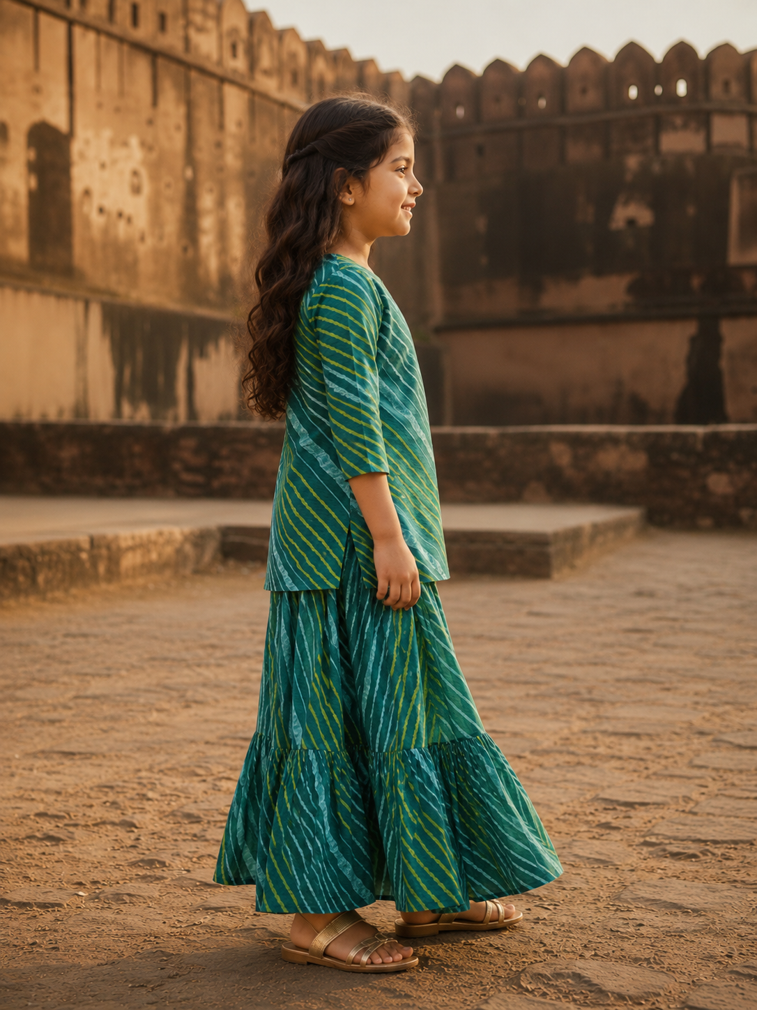 Girl's Green Printed Kurta with Matching Tiered Flared Skirt Co-ord Set