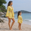 Mom & Daughter Yellow Abstract Printed Cotton Beach Wear Set with Bell Sleeve Tie-Up Top & Tassel Shorts