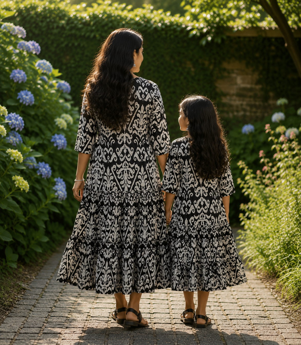 Mom & Daughter Black & White Printed Flared Kurta & Tiered Skirt Matching Co-ord Set