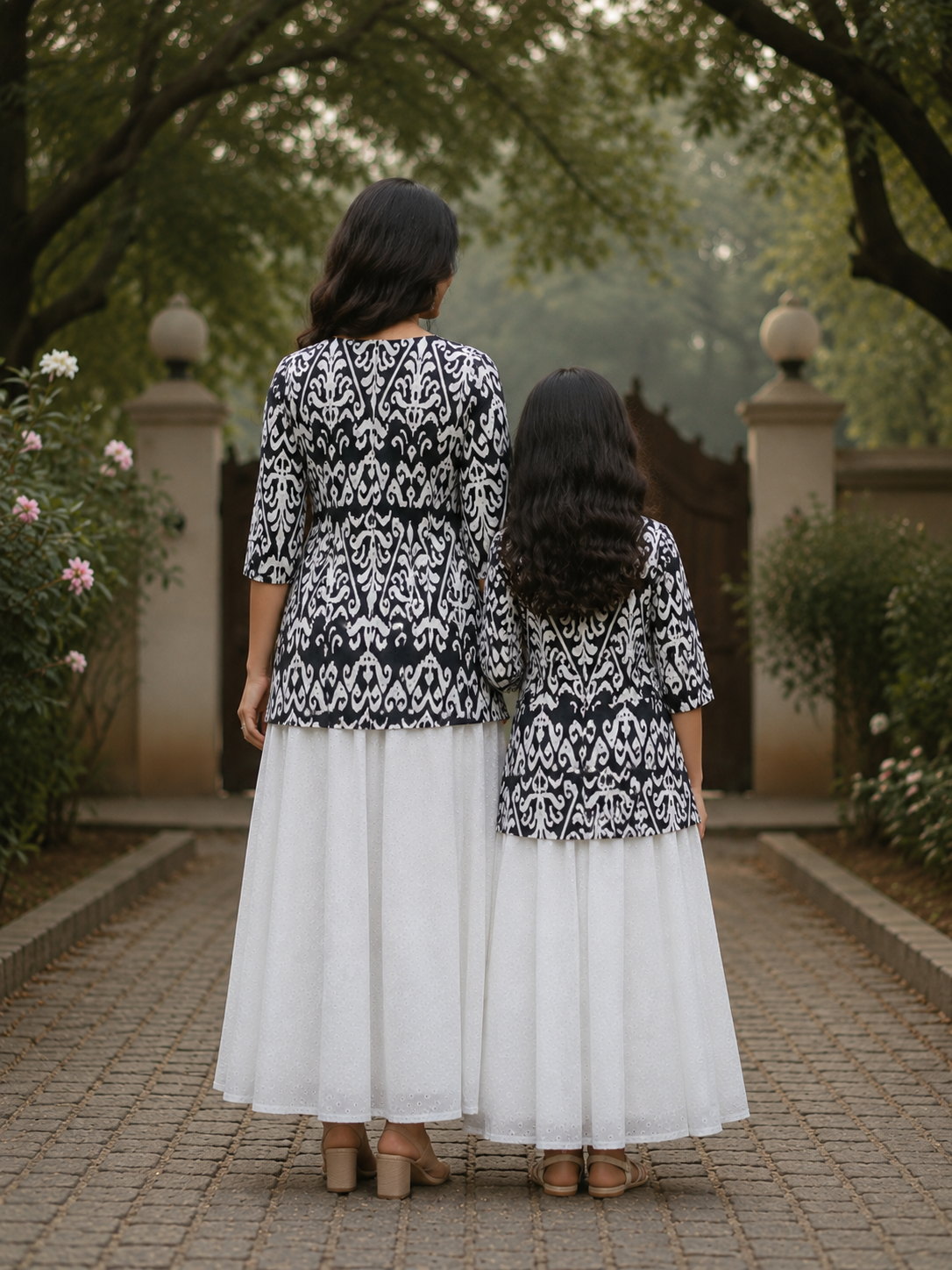 Mom & Daughter Black & White Printed Kurta with White Flared Skirt Set