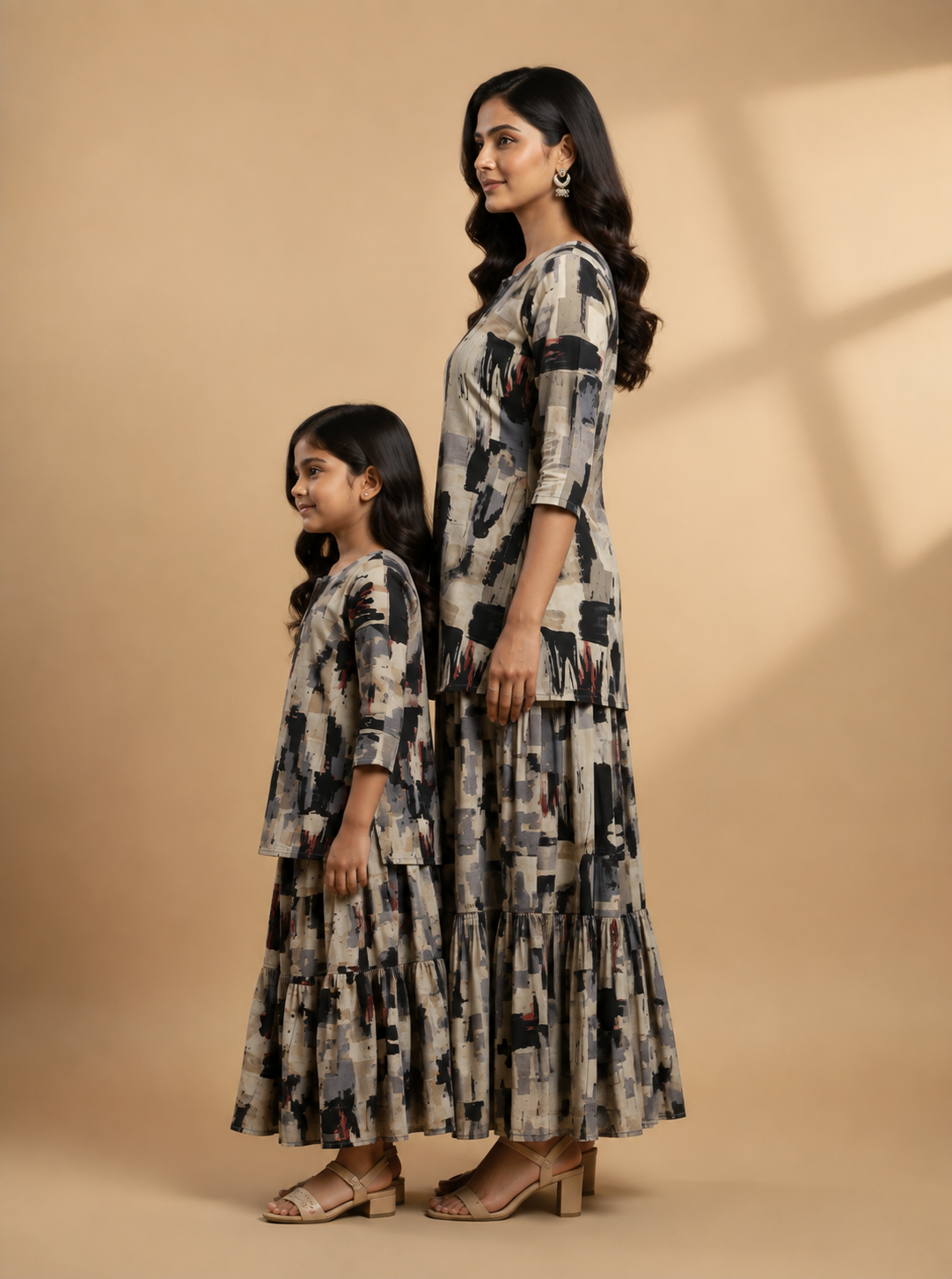 Mom & Daughter Beige Abstract Printed Kurta & Tiered Skirt Matching Co-ord Set