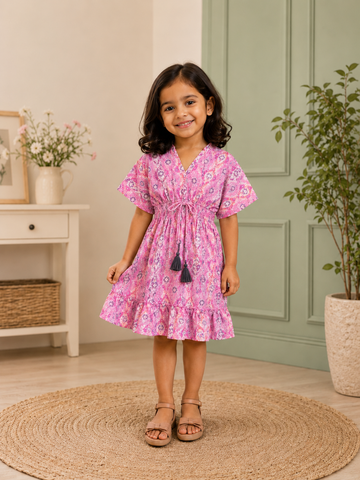Baby Girls Cotton Pink Ikat Printed Smocked Waist Ruffle Hem Dress