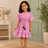 Baby Girls Cotton Pink Ikat Printed Smocked Waist Ruffle Hem Dress