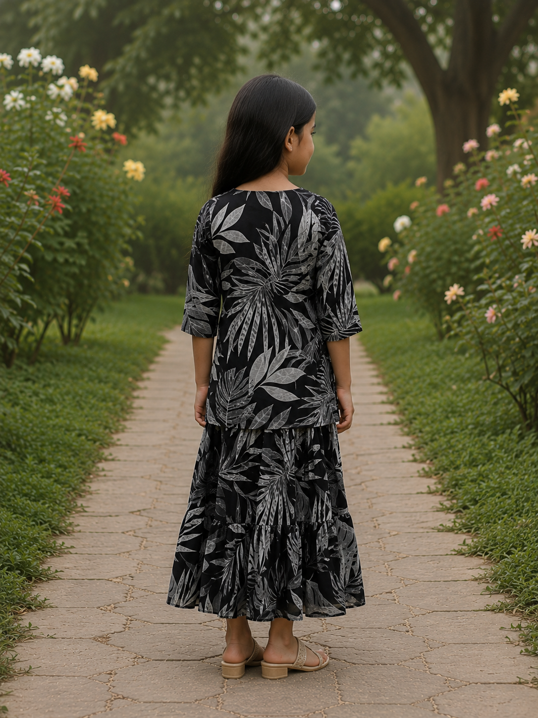 Girl's Black Printed Kurta with Matching Tiered Flared Skirt Co-ord Set