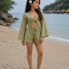 Girl’s Olive Green Geometric Printed Cotton Beach Wear Set with Bell Sleeve Tie-Up Top & Tassel Shorts