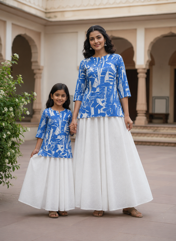 Mom & Daughter Blue Abstract Printed Kurta with White Flared Skirt Set