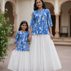 Mom & Daughter Blue Abstract Printed Kurta with White Flared Skirt Set