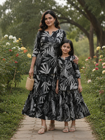 Mom & Daughter Black & White Tropical Leaf Printed Kurta & Tiered Skirt Matching Co-ord Set