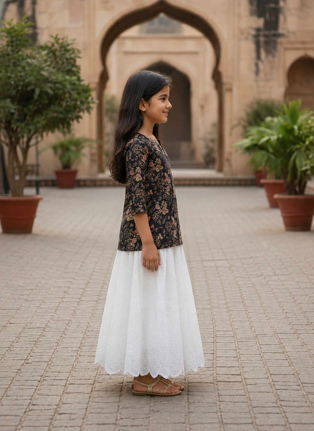 Girl's Black Floral Printed Kurta with White Scalloped Skirt Set