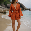 Women’s Rust Orange Solid Cotton Beach Wear Set with Bell Sleeve Tie-Up Top & Tassel Shorts