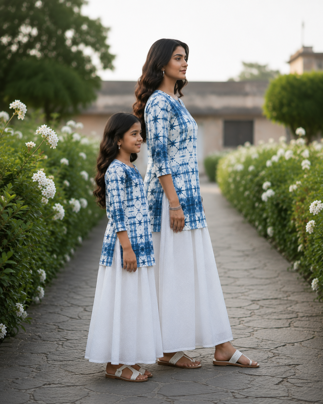 Mom & Daughter Blue Shibori Print Kurta with White Flared Skirt Set