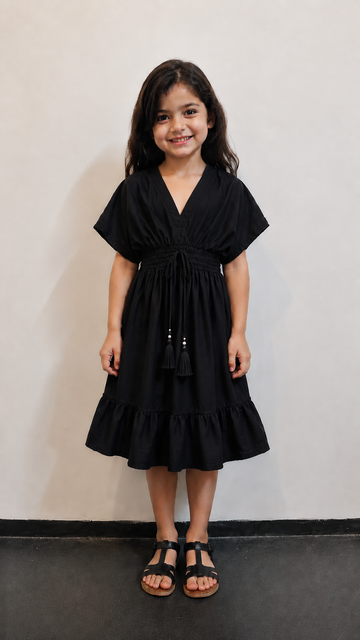 Baby Girls Solid Black Smocked Waist Tassel Tie-Up Flared Dress