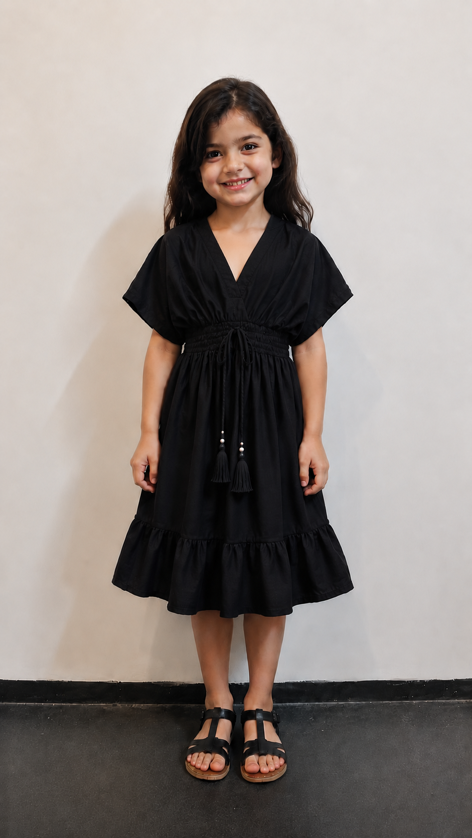 Baby Girls Solid Black Smocked Waist Tassel Tie-Up Flared Dress