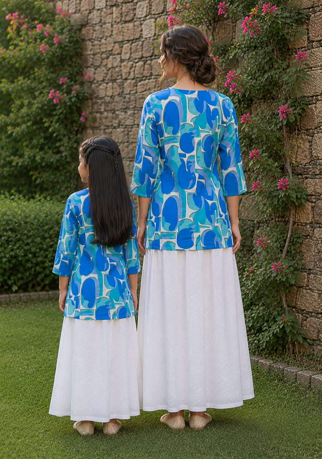 Mom & Daughter Blue Printed Kurta with White Skirt Matching Co-ord Set