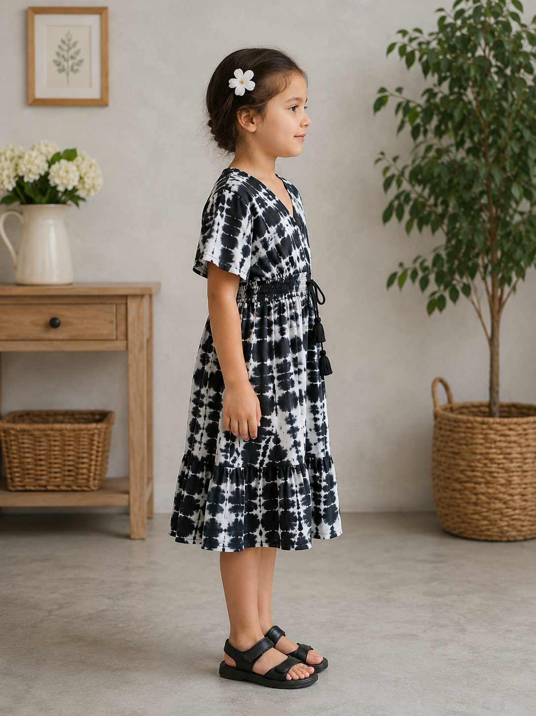 Baby Girls Black & White Tie-Dye Printed Smocked Waist Flared Midi Dress