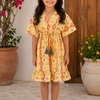 Baby Girls Cotton Yellow Ikat Printed Smocked Waist Ruffle Hem Dress