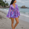 Women’s Purple and Pink Abstract Printed Cotton Beach Wear Set with Bell Sleeve Tie-Up Top & Tassel Shorts