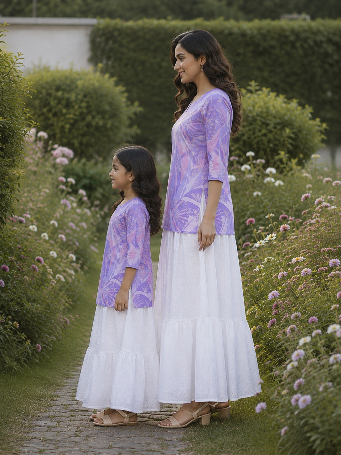 Mom & Daughter Lavender Floral Print Kurta with White Tiered Skirt Set