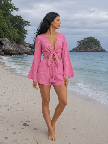 Women’s Pink Textured Cotton Beach Wear Set with Bell Sleeve Tie-Up Top & Tassel Shorts