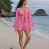 Women’s Pink Textured Cotton Beach Wear Set with Bell Sleeve Tie-Up Top & Tassel Shorts
