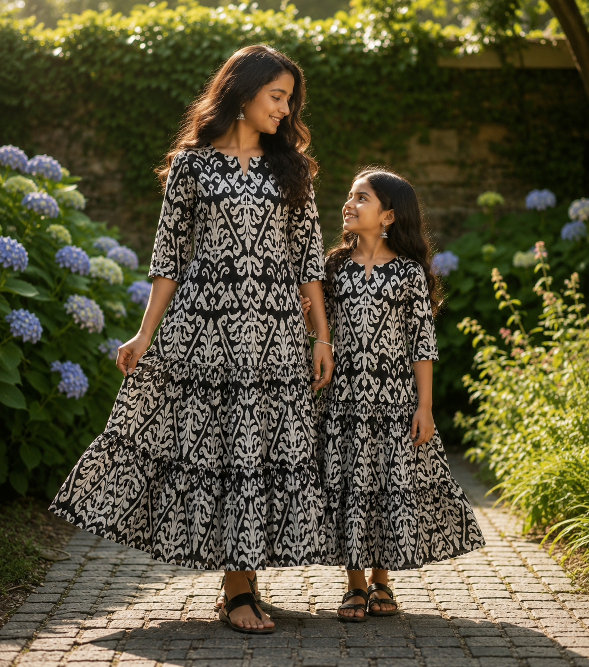 Mom & Daughter Black & White Printed Flared Kurta & Tiered Skirt Matching Co-ord Set