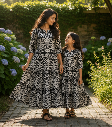 Mom & Daughter Black & White Printed Flared Kurta & Tiered Skirt Matching Co-ord Set