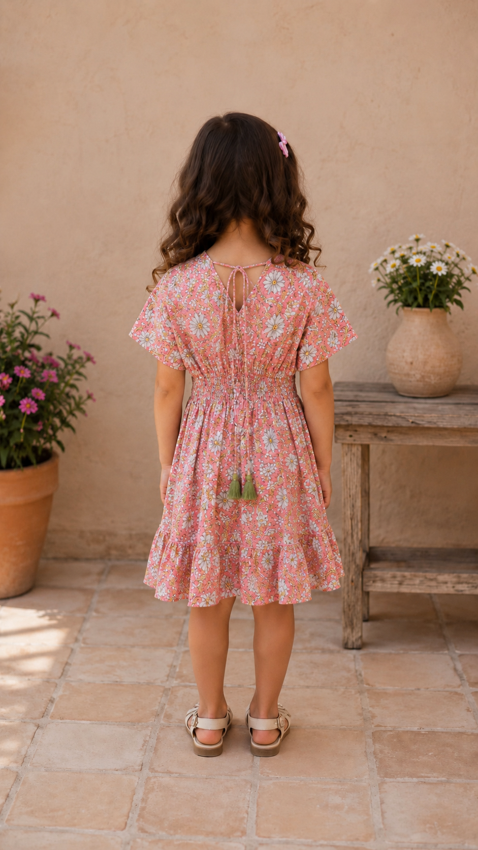 Baby Girls Peach Floral Printed Smocked Waist Flared Dress