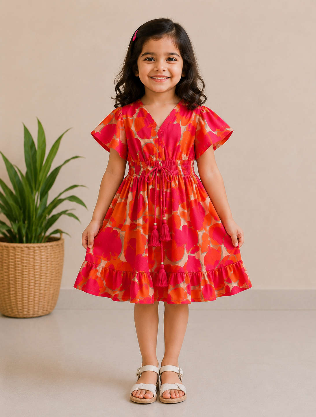 Baby Girls Sunset Tropical Printed Smocked Waist Flared Midi Dress