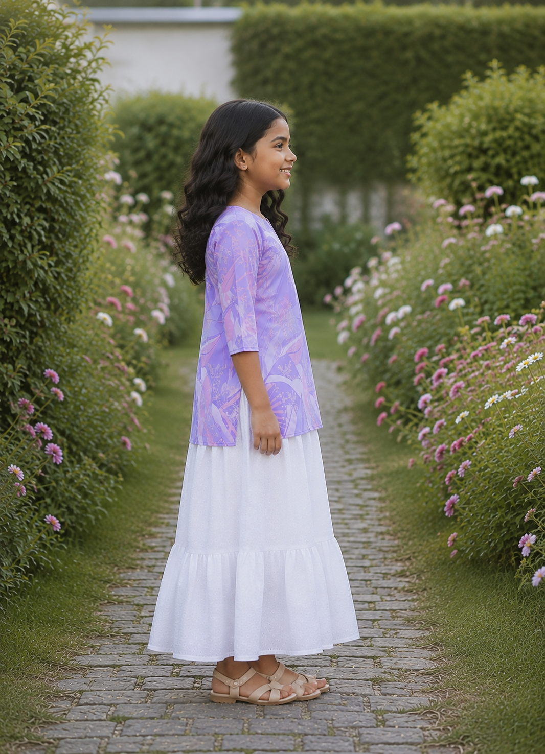 Girl's Lavender Printed Kurta with White Tiered Skirt Ethnic Set