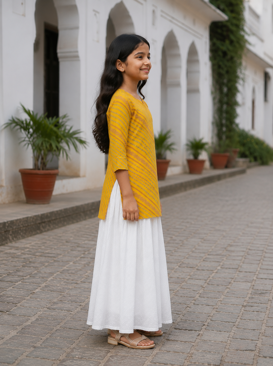 Girl's Mustard Yellow Printed Kurta with White Flared Skirt Ethnic Set