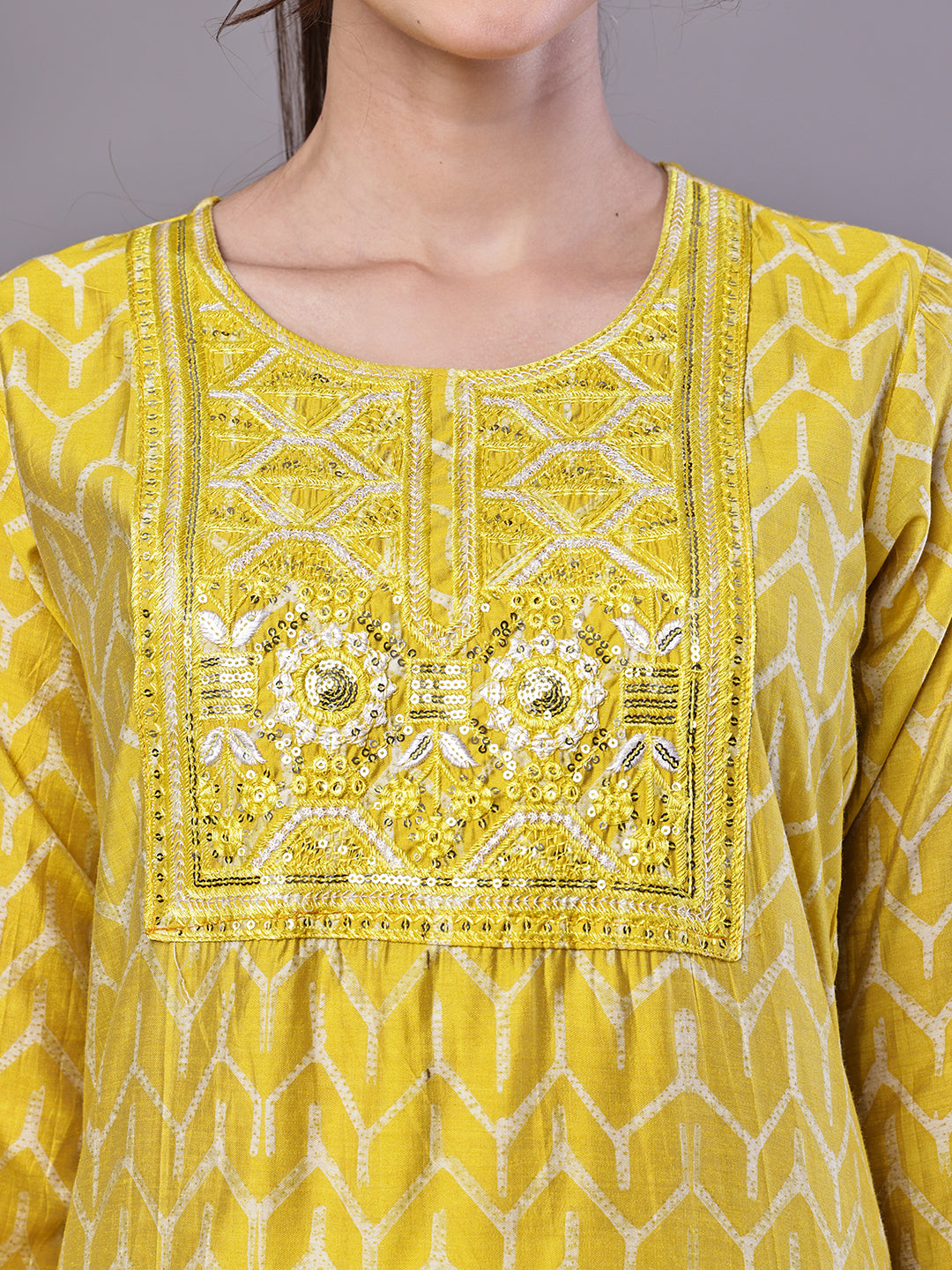 Aawari Mustard Yellow Chevron Print Chanderi Kurta Set with Mirror Work - Suit Sets