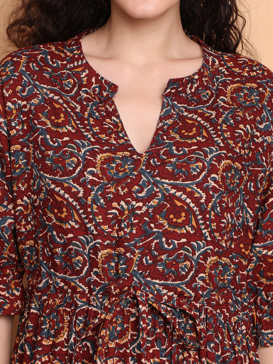 Aawari Women’s Rayon Maroon Paisley Printed Maxi Dresses with 3/4 Ruffle Sleeves