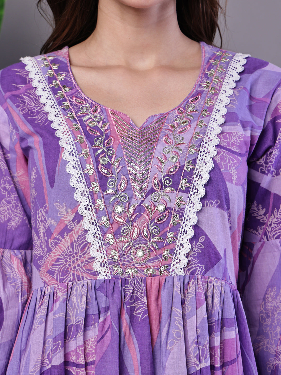 Aawari Purple Floral Cotton A-Line Dress with Lace Detailing - Midi Dresses / Western Wear