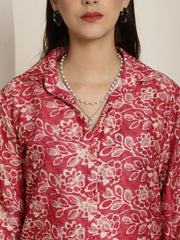 Aawari Women Muslin Pink Leaf Printed Shirt Collar Tunic With Trouser