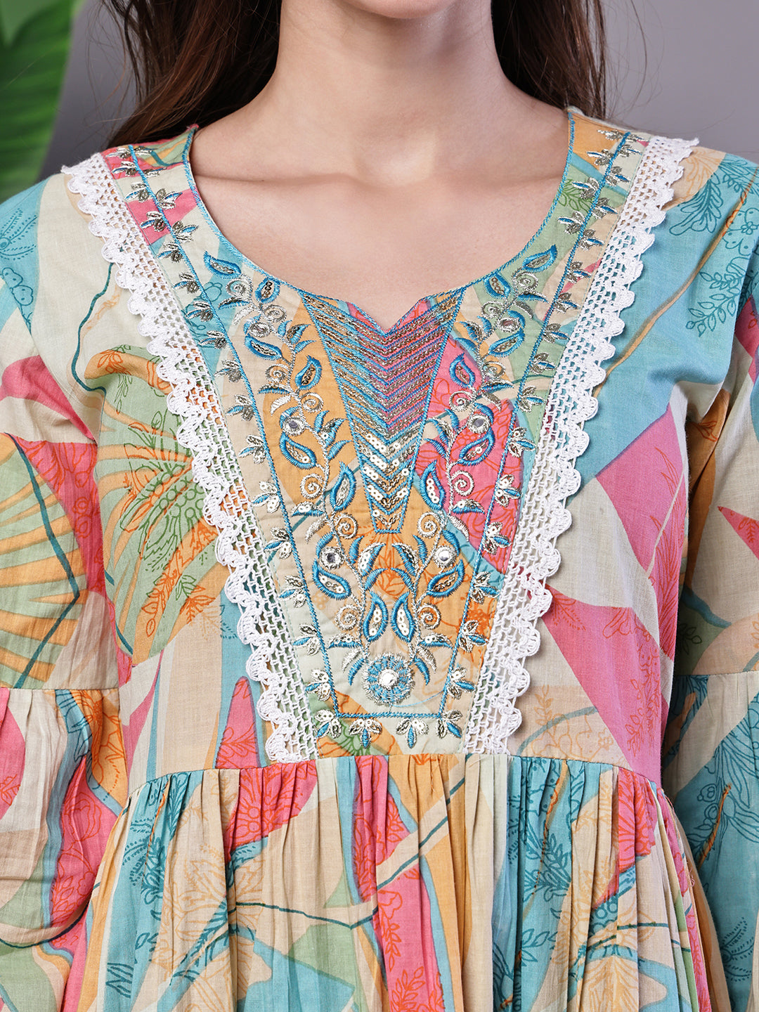 Aawari Multicolor Printed Cotton A-Line Dress with Embroidered Yoke - Aawari Multicolor Printed Cotton A-Line Dress with Embroidered Yoke -